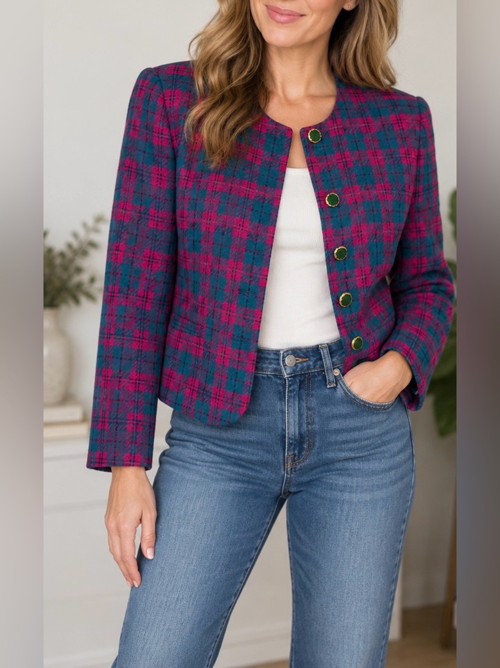 Vintage Pendleton 100% Virgin Wool Plaid Jacket Teal Magenta Gold Button USA